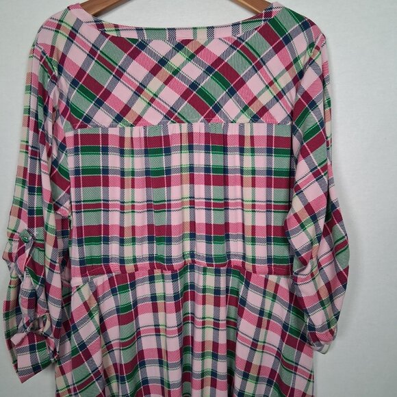 Torrid Dress Size 3 Plus Size 3X Pink Green Blue Pliad Roll Sleeve Midi Zip - Picture 9 of 16